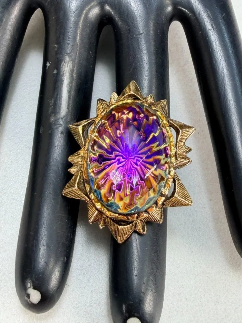 Vintage Gold Tone Purple Art Glass Brooch Iridescent Cabochon Statement Pin